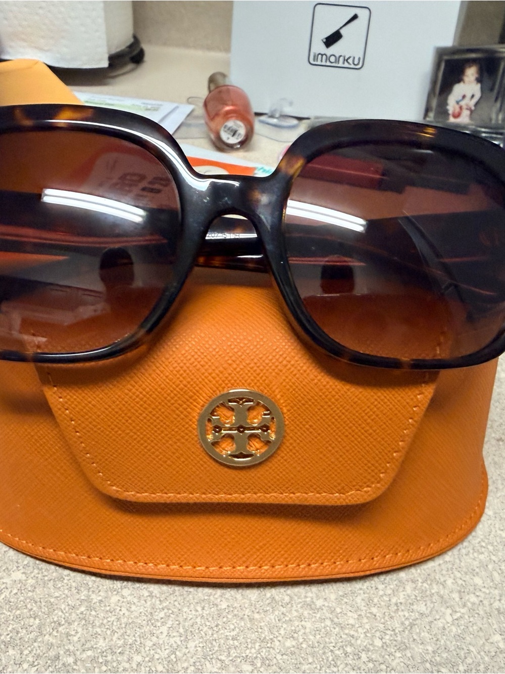 Tory Burch Tortoiseshell Frame Sunglasses with Orange Case